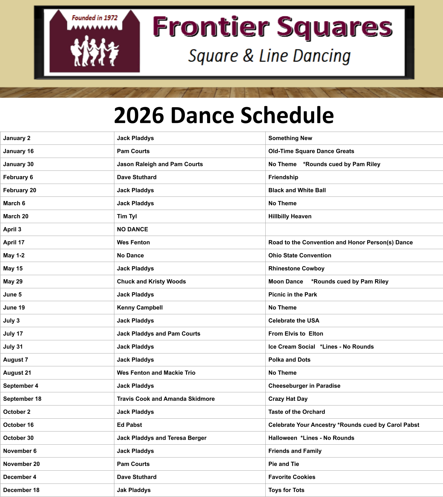 2026 Frontier Squares CLUB DANCE SCHEDULE